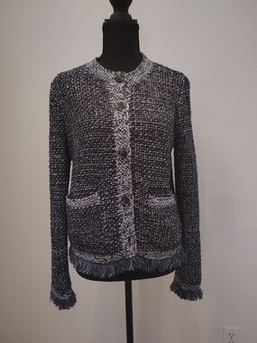 Ann Taylor Navy and White Textured Fringe Cardigan